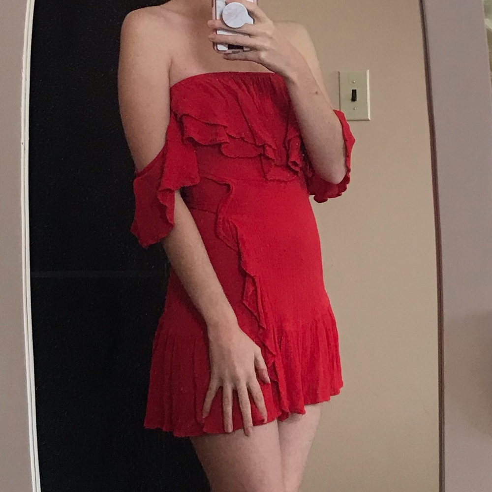Off the shoulder red wrap dress